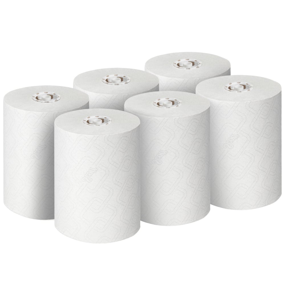 Six unused white Scott® CONTROL EXTRA STRONG towel rolls from Kimberly-Clark GmbH are arranged in two rows of three, each showing the visible core and the sturdy extra strong sheets. Package: 6 rolls/carton.