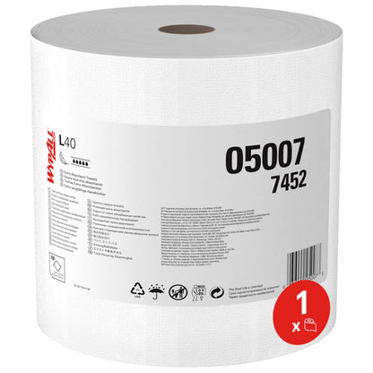 A large white WypAll® L40 PowerClean large roll from Kimberly-Clark GmbH (1 roll x 750 sheets, carton) is marked with item number 05007 7452, application symbols, and a red "1 x" symbol highlighting its high absorbency.