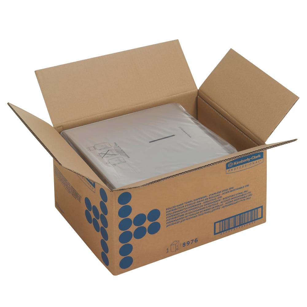 An open box with blue Kimberly-Clark Professional™ graphics contains a Kimberly-Clark GmbH roll towel dispenser (stainless steel, 1 dispenser), suitable for use with towel dispenser or stainless steel roll towel dispenser.