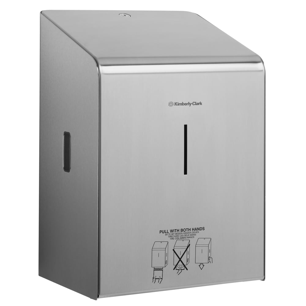 The Kimberly-Clark Professional™ stainless steel roll towel dispenser from Kimberly-Clark GmbH is a wall-mounted dispenser made of stainless steel with a central, vertical slot and instructional illustrations on the lower front panel.