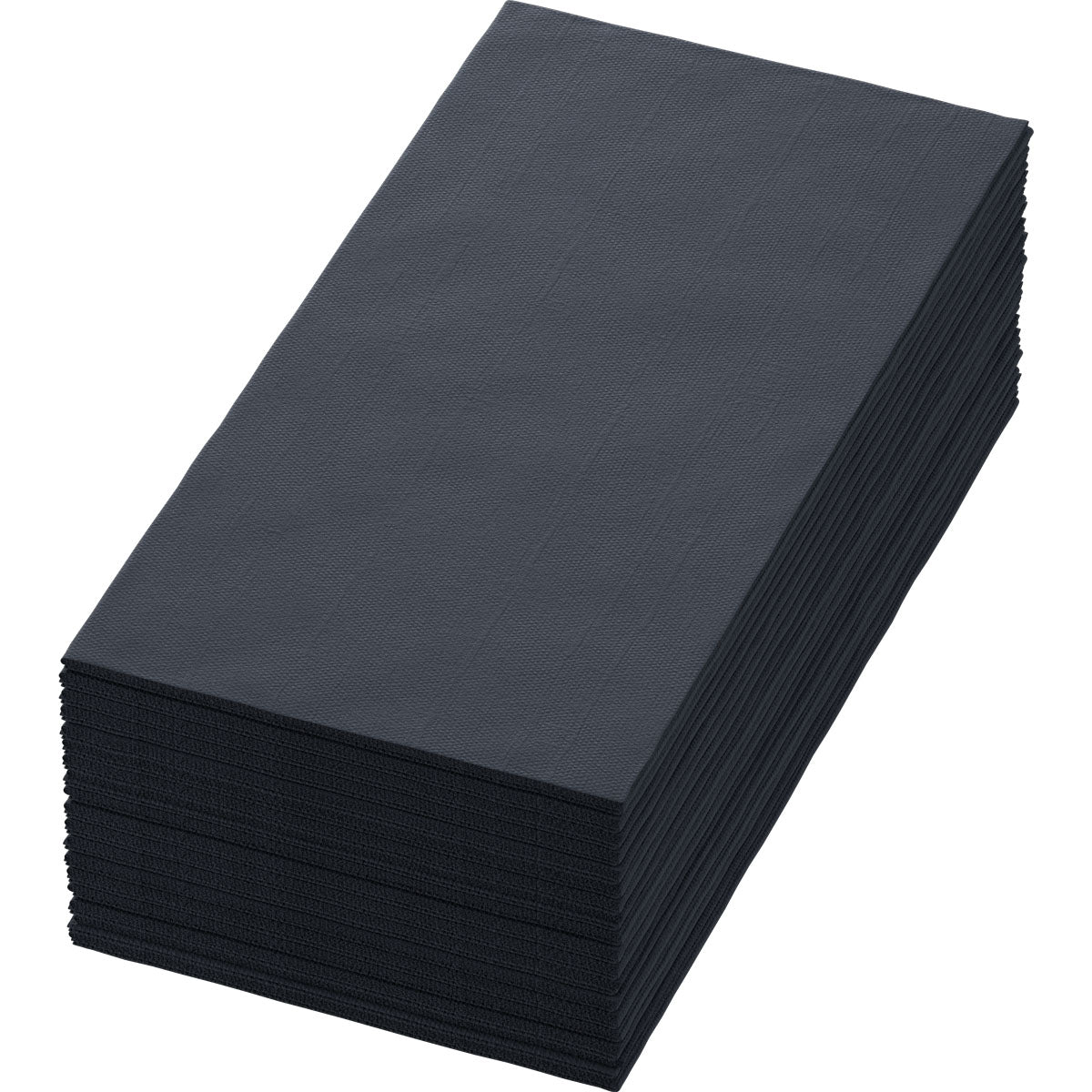 Ein Stapel Duni GmbH Zellt.Serv.40x40 3lg 1/8 BF schwarz, hochwertige schwarze Servietten (40x40 cm, 3-lagig, Packung mit 250), liegt sauber gefaltet und unbenutzt vor weißem Hintergrund.