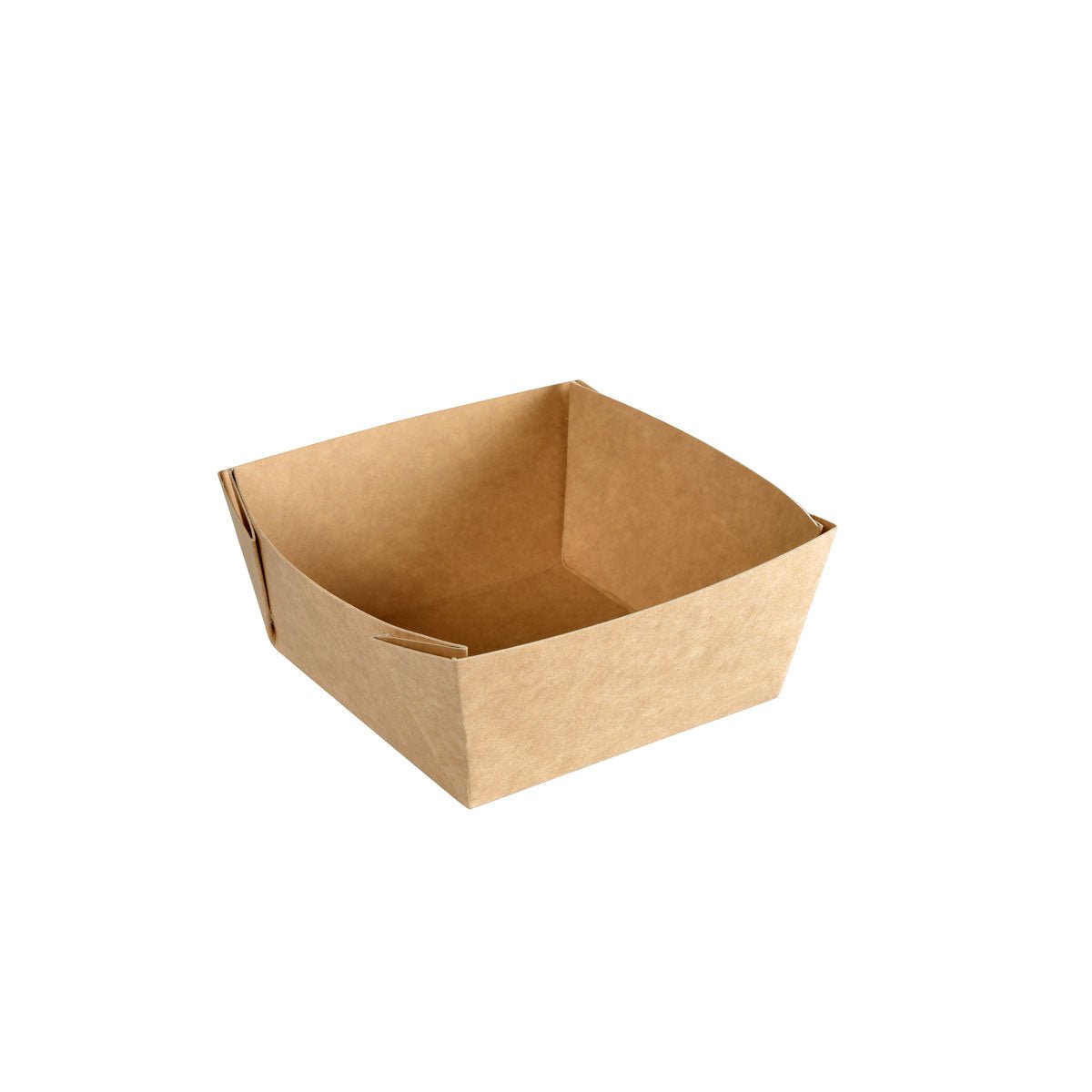 The Viking Cube Low Box Brown Cardboard/PE 113x113x50 by Duni GmbH is a simple, brown, square tray with slightly raised sides - ideal as a simple packaging solution. Shown empty against a white background. Package: 300 pieces.
