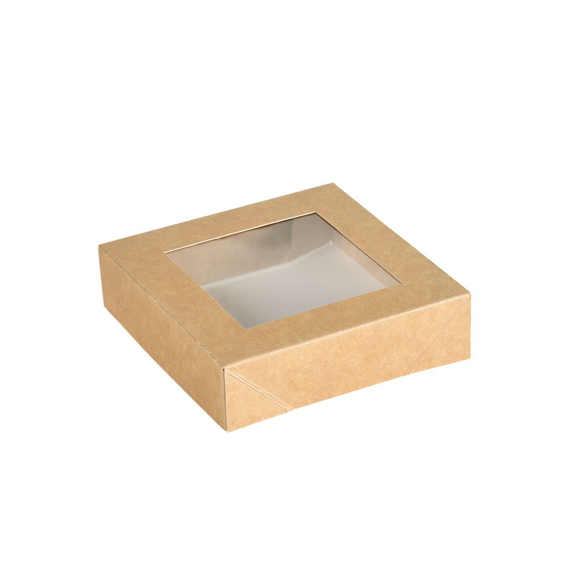 Pictured is a square, brown Viking Cube lid with a PLA window (113x113x29mm) from Duni GmbH on a white background. The partially open lid reveals the empty interior of the food packaging. Package: 300 pieces.