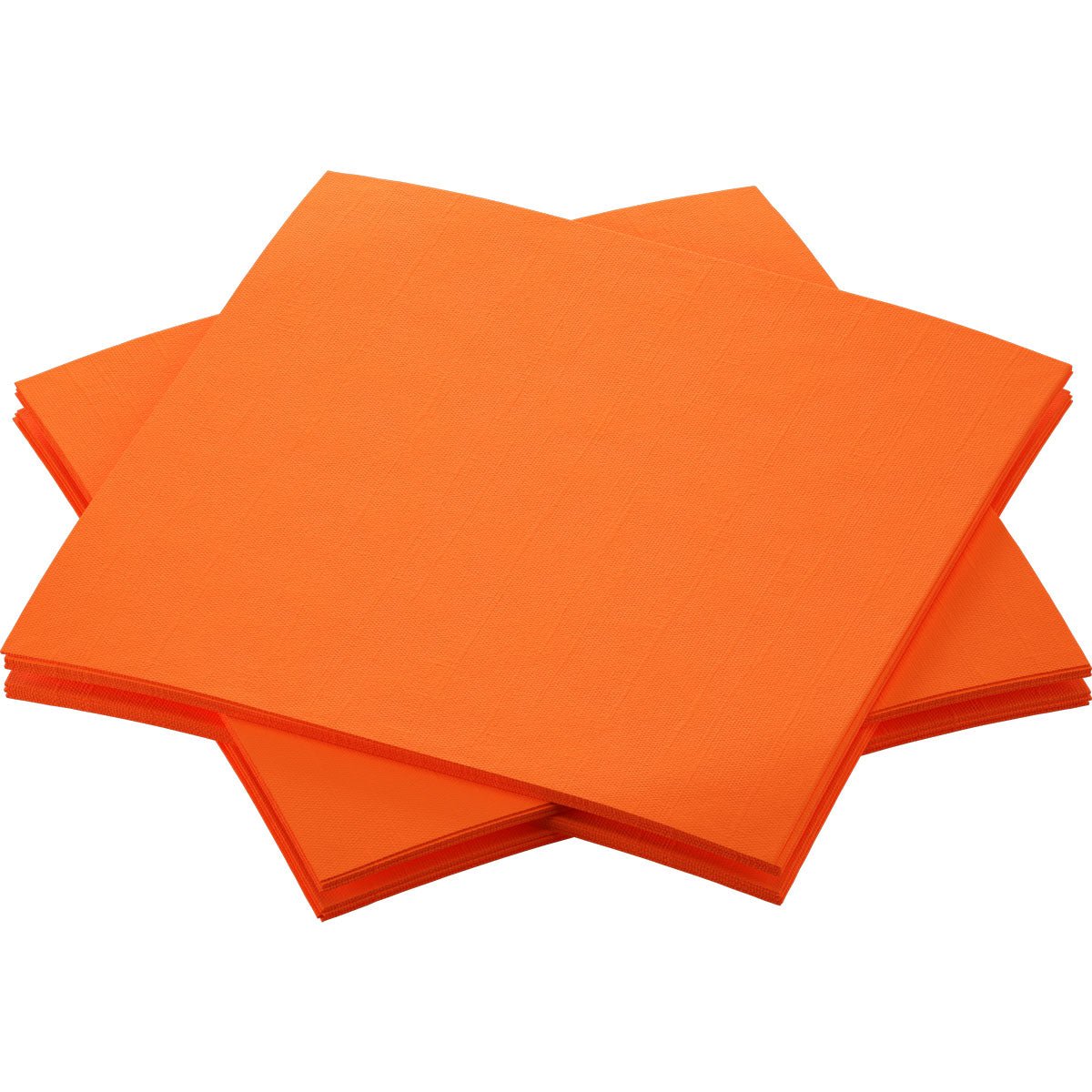 Four stacks of Bio-Dunisoft napkins 20 x 20 cm from Duni GmbH, in bright orange, are arranged slightly overlapping on a white background. Each stack consists of several square, sustainable napkins.
