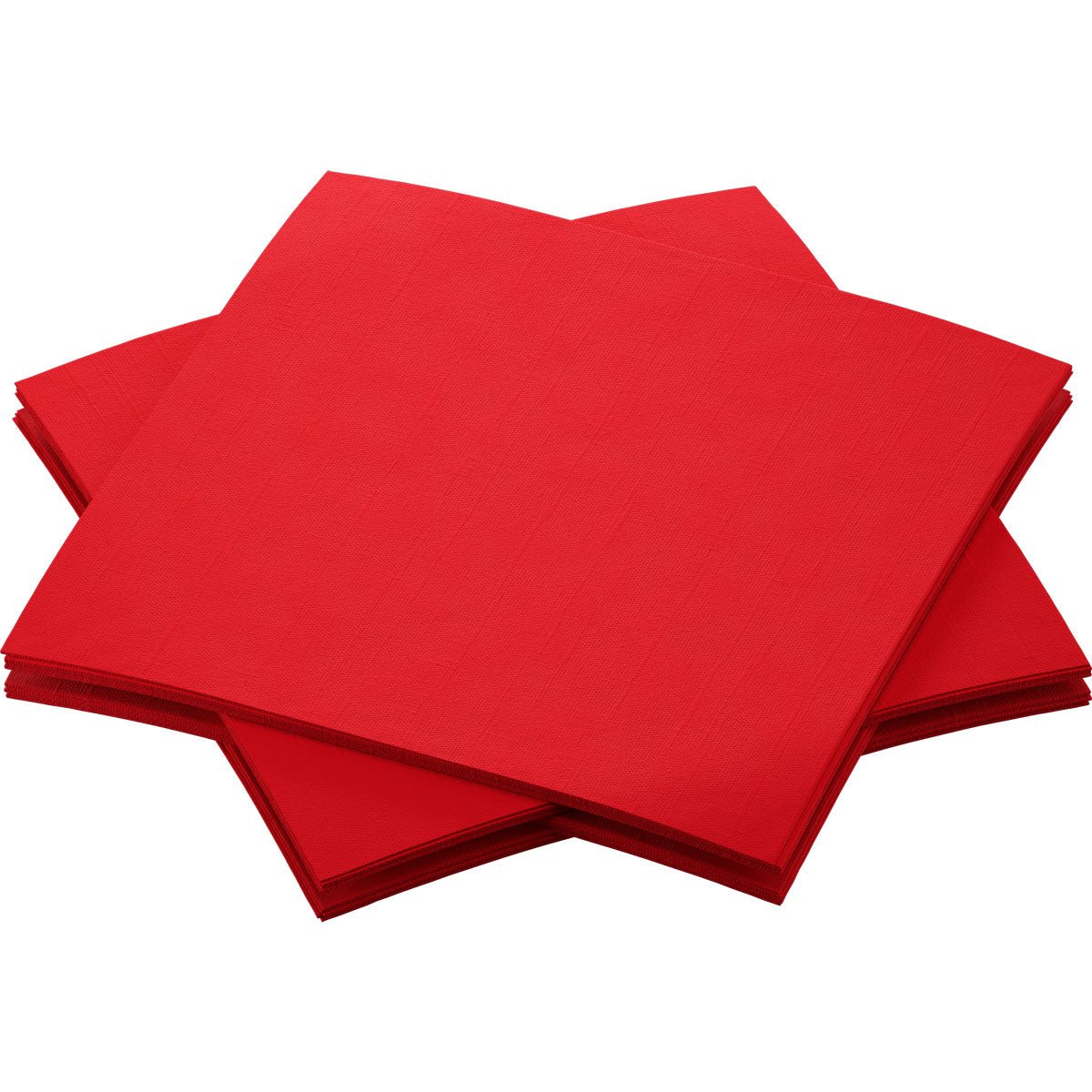 Four bright red Bio-Dunisoft napkins 20 x 20 cm from Duni GmbH are stacked with offset corners and stand on a simple white background.