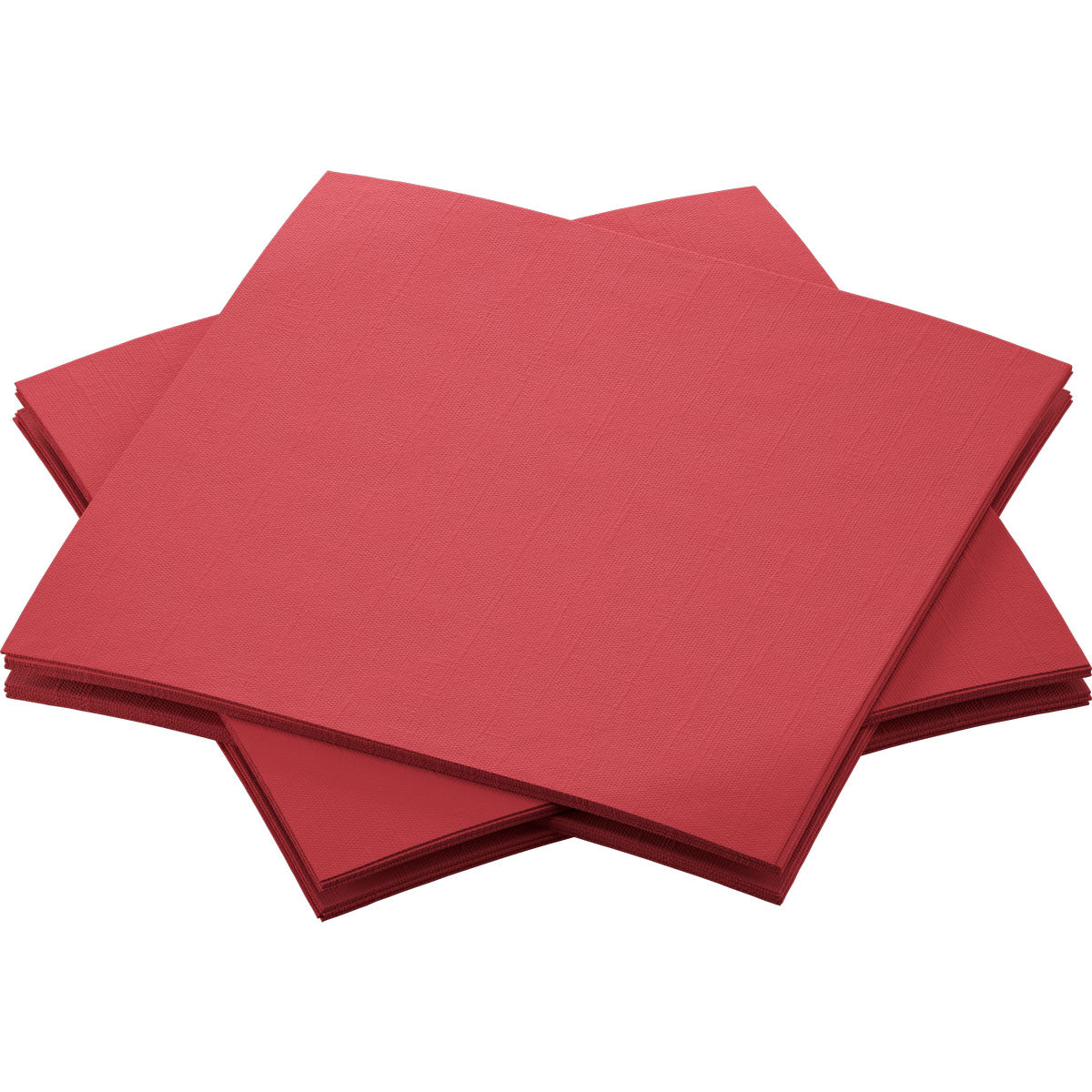 A stack of Bio-Dunisoft napkins 20 x 20 cm from Duni GmbH in elegant red is neatly arranged on a white background.
