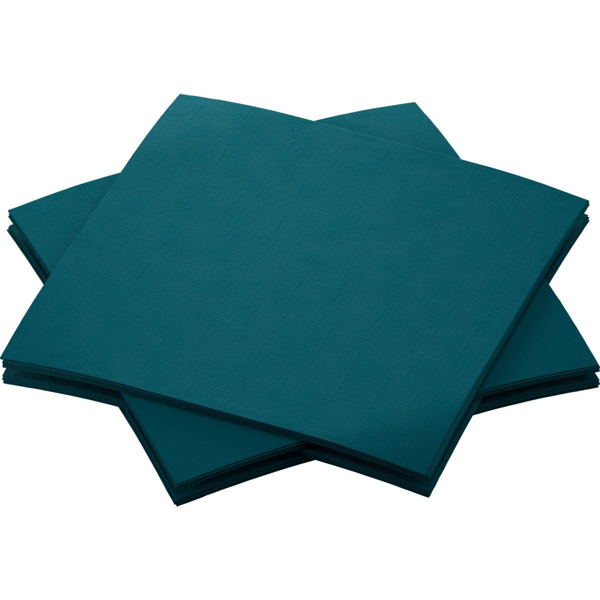 A stack of Duni GmbH Bio-Dunisoft napkins 20 x 20 cm in the color dark teal is neatly arranged and slightly overlapping on a simple white background.