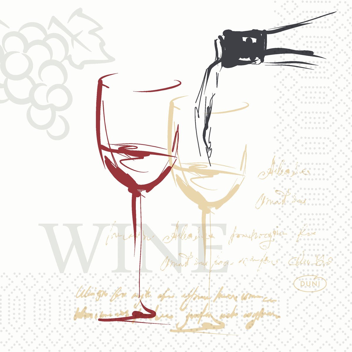 A stylized wine motif adorns the Duni GmbH 3-ply cell. napkins (24x24 cm, pack of 250), featuring wine being poured into a glass, grapes, and handwritten script in the background.