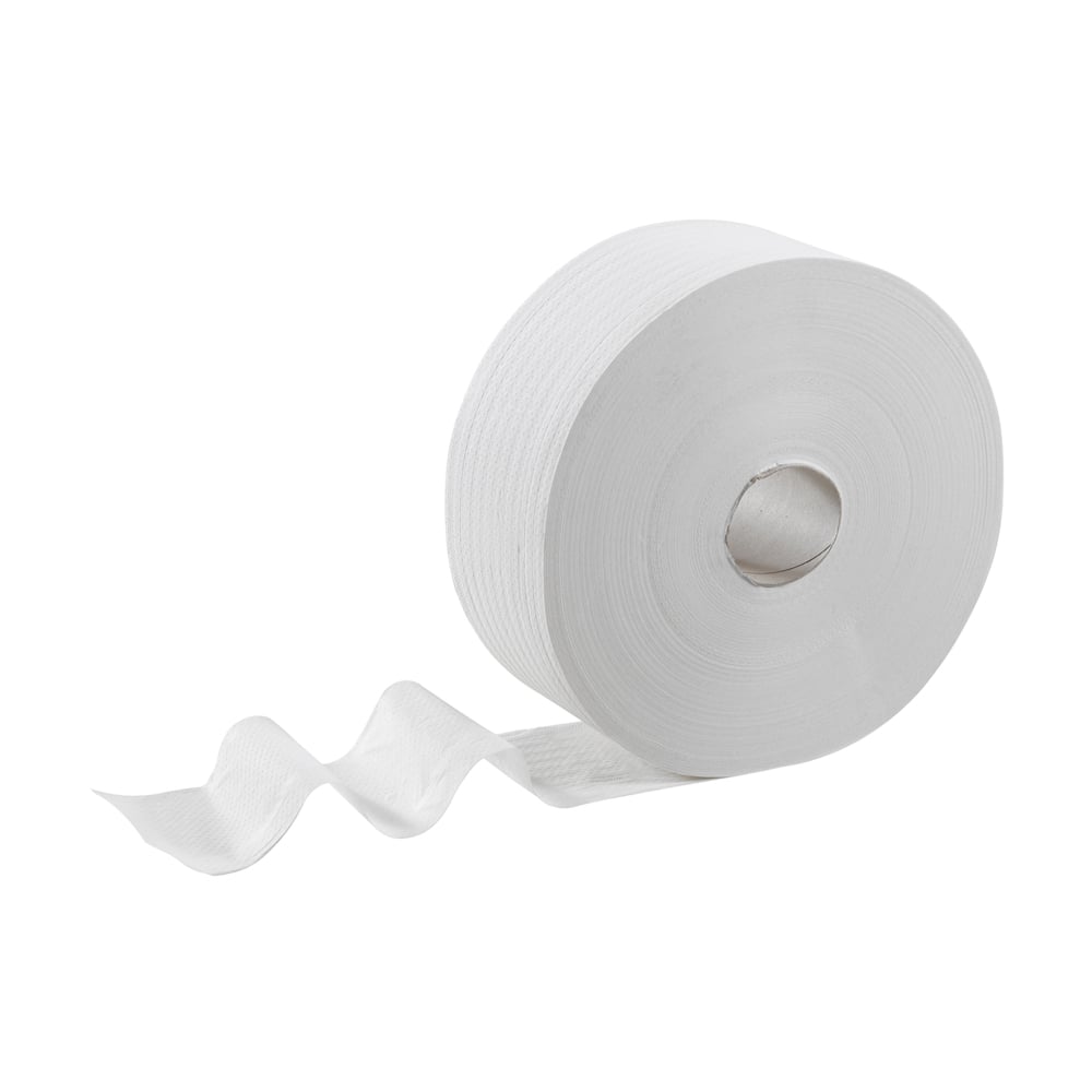 A large white jumbo roll of Kleenex® toilet paper from Kimberly-Clark GmbH (12 rolls x 474 sheets), partially unrolled, is shown against a plain white background.