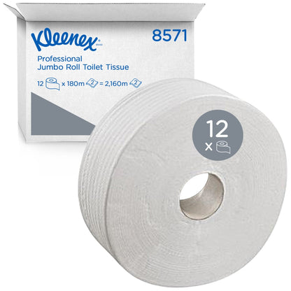 A large white jumbo roll of Kleenex® toilet paper from Kimberly-Clark GmbH stands in front of a box labeled "12 rolls x 474 sheets", indicating it is intended for commercial use.