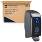 A Kimberly-Clark Aquarius™ dispenser for washing lotions (black, 1 Ltr) is shown next to its packaging labeled "Aquarius Manual Hand Cleanser Dispenser 7173". The dispenser is equipped with a blue, round label on the front.