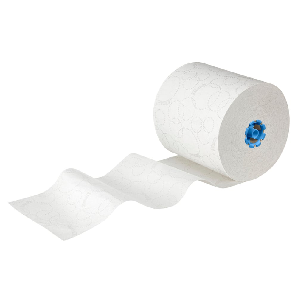 Ein großes weißes Kleenex® Ultra™ Rollenhandtuch (2-lagig, E-Rolle Large, 6x200m) von Kimberly-Clark GmbH mit blauem Kern, teilweise abgerollt auf weißem Untergrund - die ideale hygienische Handtuchlösung für den täglichen Gebrauch. Karton: 6 Rollen.