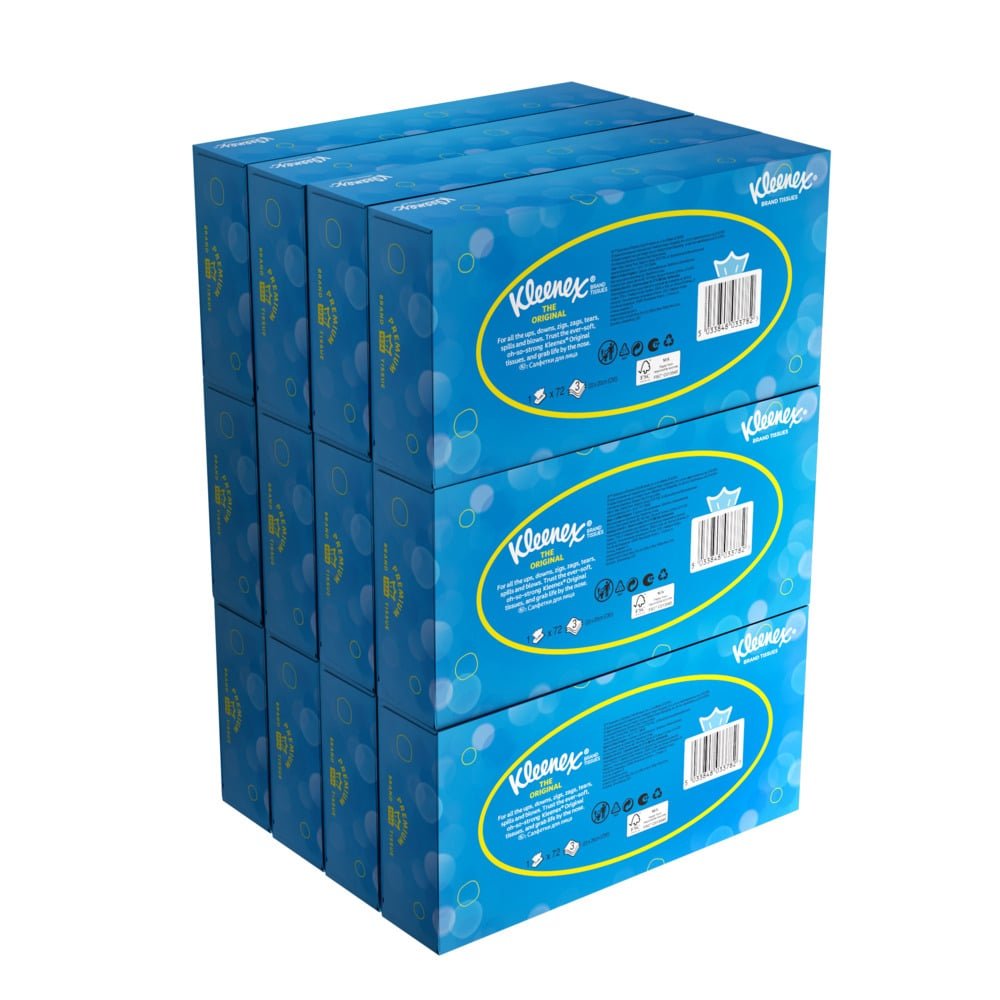 Six stacked boxes of Kleenex® facial tissues - Standard / White from Kimberly-Clark GmbH, in blue packaging with visible branding, product details, and barcodes. Ideal for facial cleansing or makeup removal; arranged in two rows of three.
