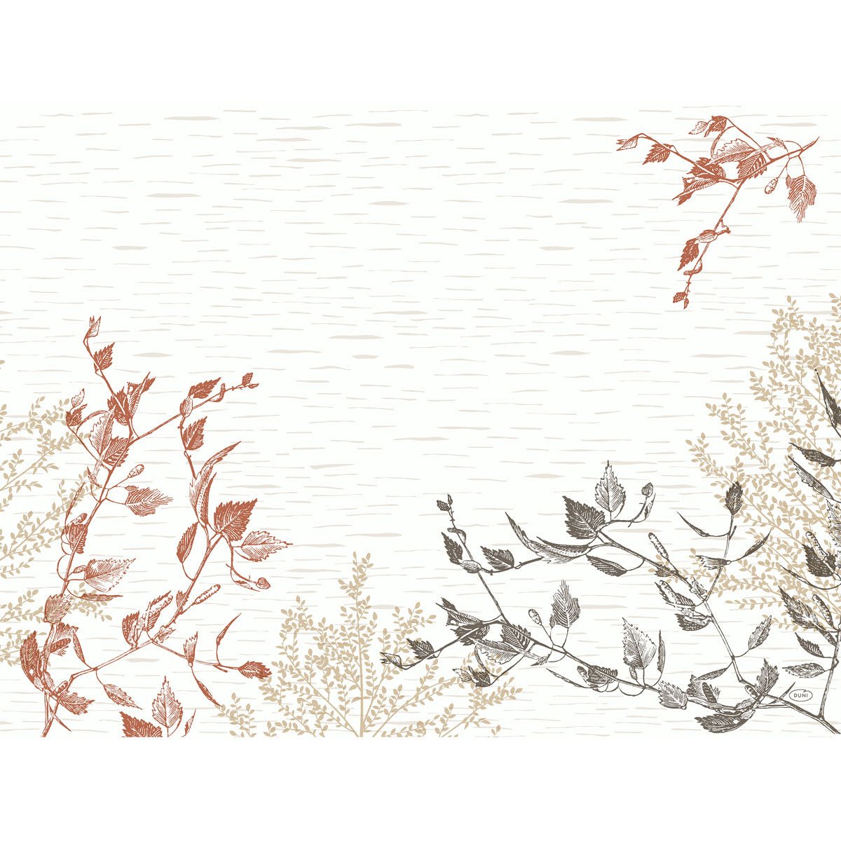 The paper placemats 30x40 cm from Duni GmbH in the Wood&Nature design offer minimalist, eco-friendly botanical illustrations in terracotta, black, and beige on a light textured background - ideal for any occasion. Pack of 250 pieces.