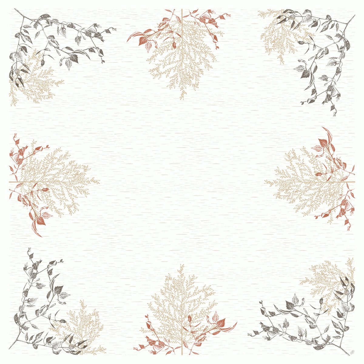 A square border with botanical motifs in beige, red, and gray on a light, textured background, inspired by the Bio-Dunicel tablecloth 84x84 cm - Wood & Nature by Duni GmbH. The central area is empty - ideal for eco-friendly wood products.