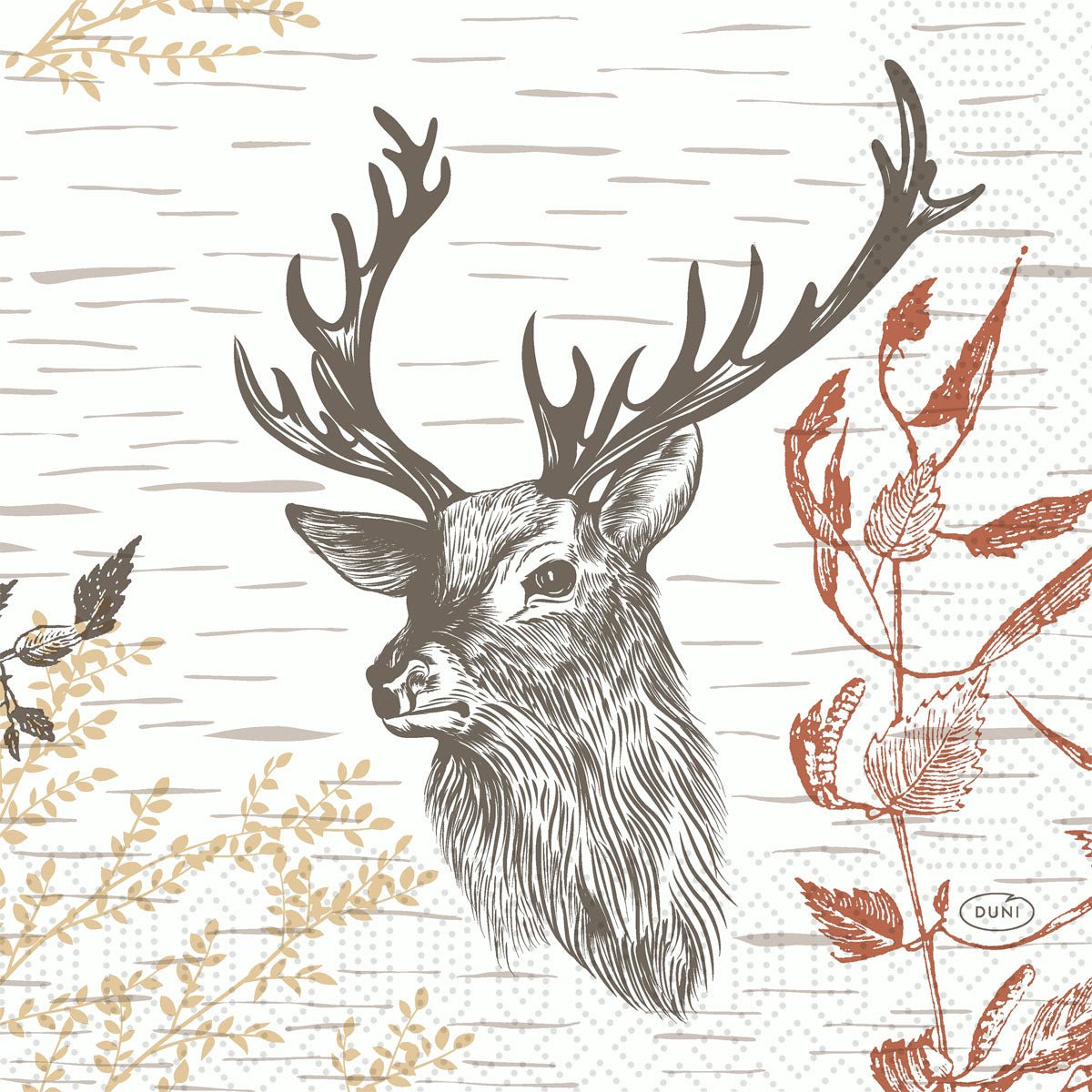 The high-quality napkins "Serv.33x33 3lg 1/4 Holz & Reh" from Duni GmbH feature a black and white deer head with large antlers, surrounded by brown and red branches on a light, subtly patterned background. Pack of 250 pieces.