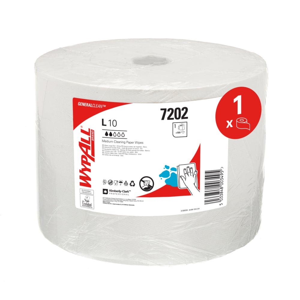 A large white large roll WypAll® L10 paper towel for surfaces (38.00 cm x 23.50 cm) from Kimberly-Clark GmbH, in plastic packaging with a red-white label featuring product number 7202 and an image of a hand towel.