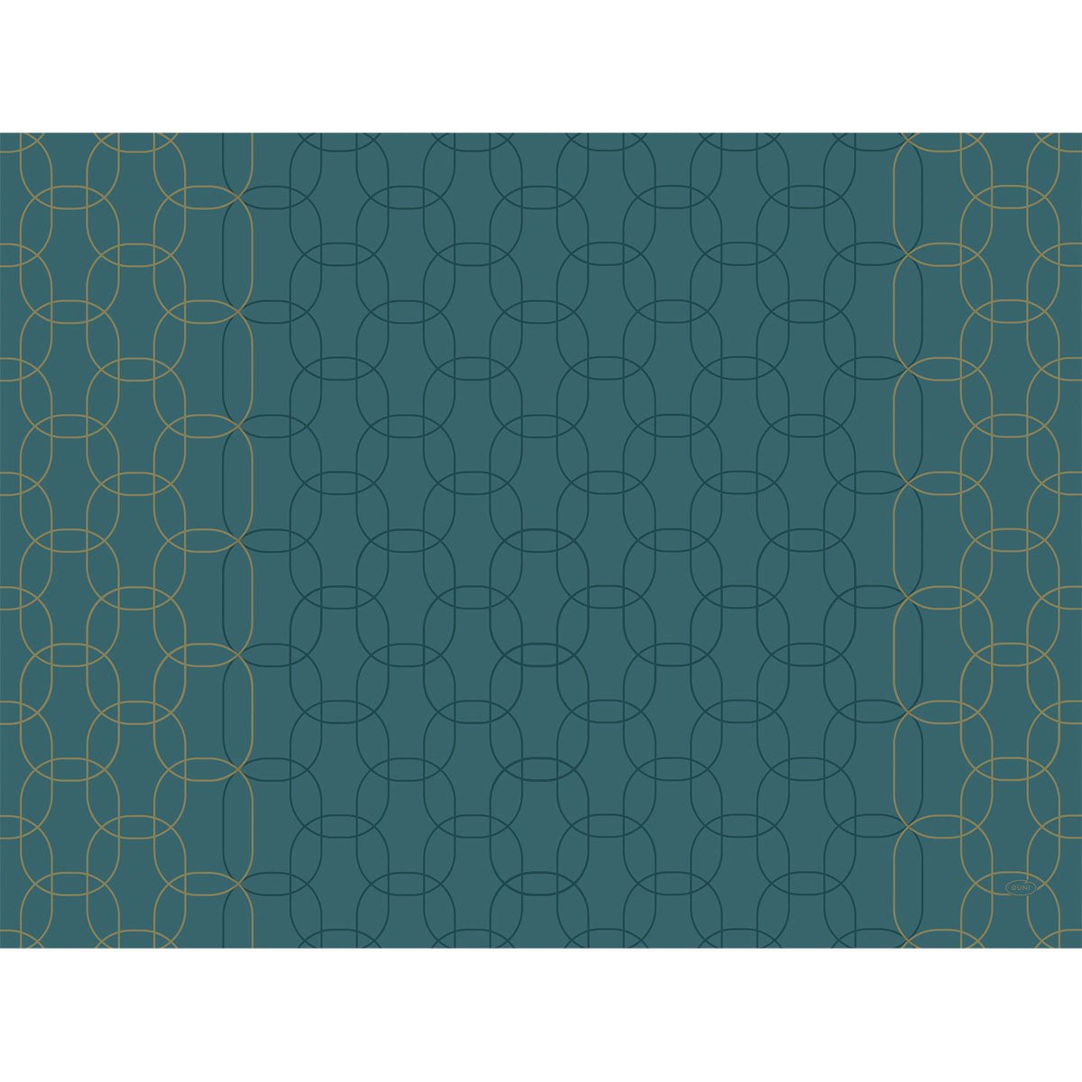 A teal-colored background with overlapping thin golden and dark blue curved lines creates an elegant abstract look. Golden decorative accents adorn the sides - perfect for Duni GmbH paper placemats 30x40 cm with golden decor (250 pieces).
