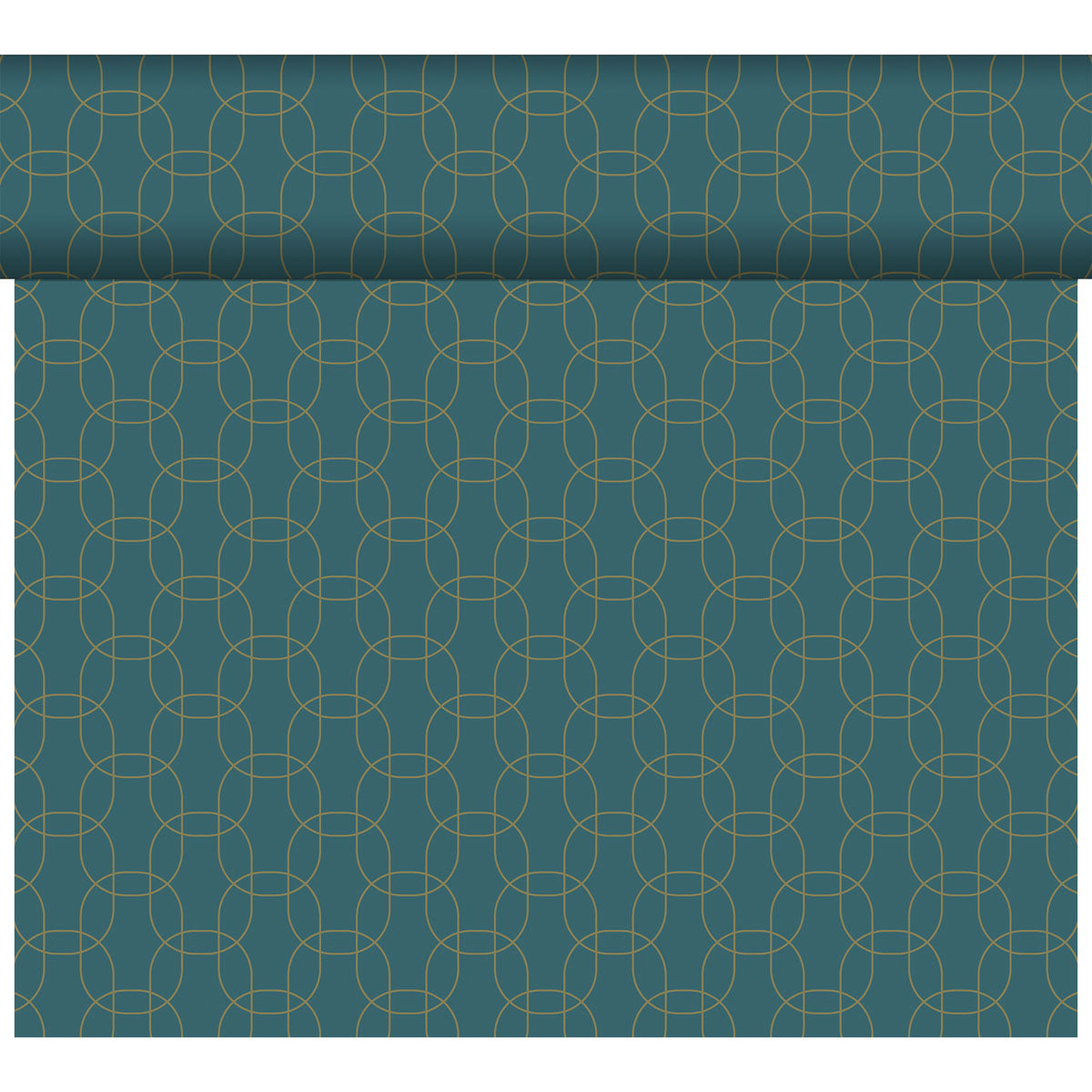 Die DC-Tete a Tete 0,4x24m von Duni GmbH ist eine blaugrüne Tapetenrolle mit einem modernen Design mit sich wiederholenden geometrischen Mustern aus dünnen, sich kreuzenden goldenen Linien, die geschwungene Formen bilden.