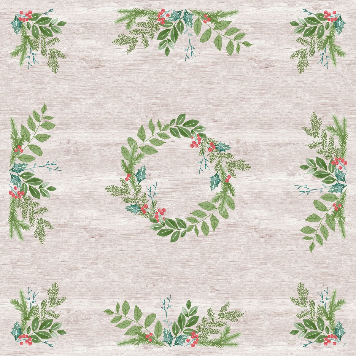 The Dunicel tablecloth 84x84cm Winter Greenery from Duni GmbH features green leaf wreaths with red berries on a light wood-textured background, ideal as an eco-friendly tablecloth for winter gatherings. The package contains 20 pieces.