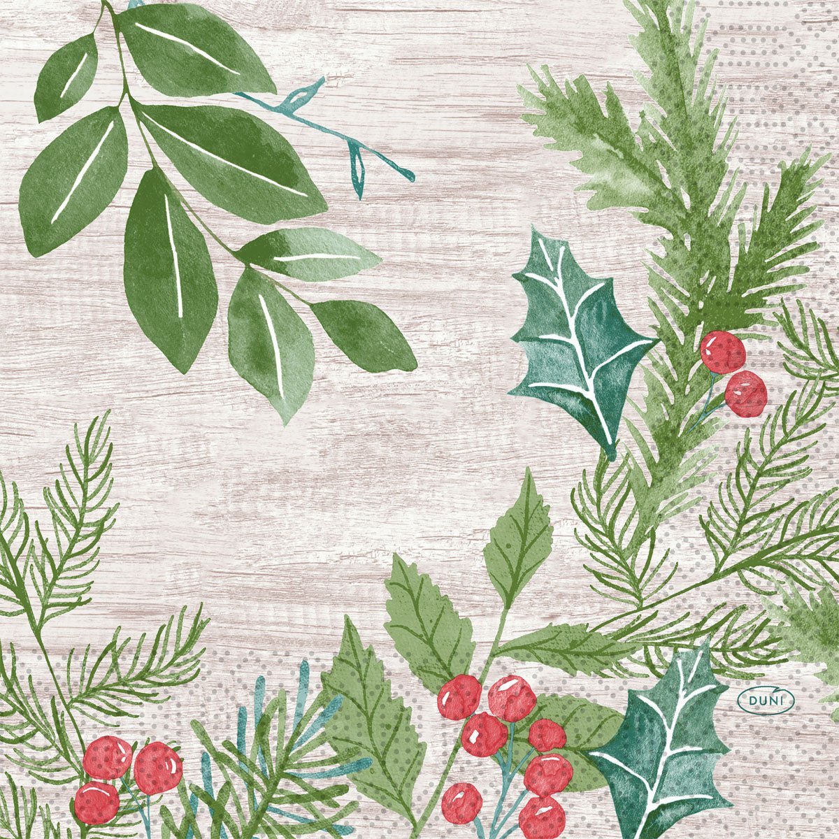 The Duni GmbH Napkins 33x33 3-ply 1/4 Winter Greenery (250 pieces) feature a watercolor design of green firs, holly, winter foliage, and red berries on a light wooden background that perfectly frames the center.