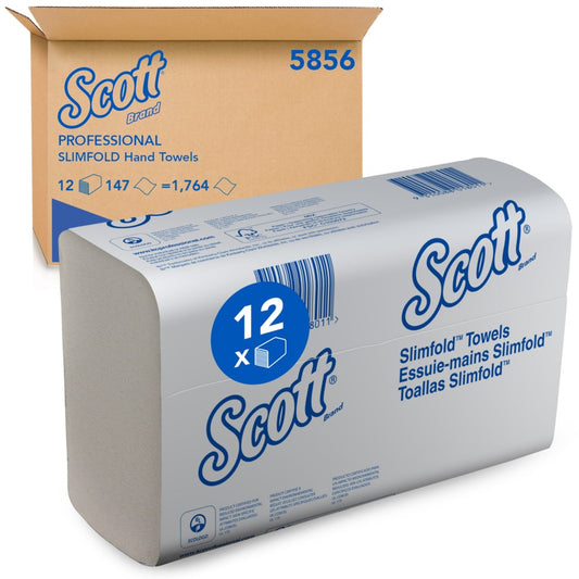 Eine Packung Scott® SLIMFOLD Handtücher, gefaltet, Weiß, von Kimberly-Clark GmbH (16 Clips x 110 Blatt | Karton), ist vor einem "5856" Karton abgebildet; die Verpackung zeigt Details in Englisch, Französisch und Spanisch.