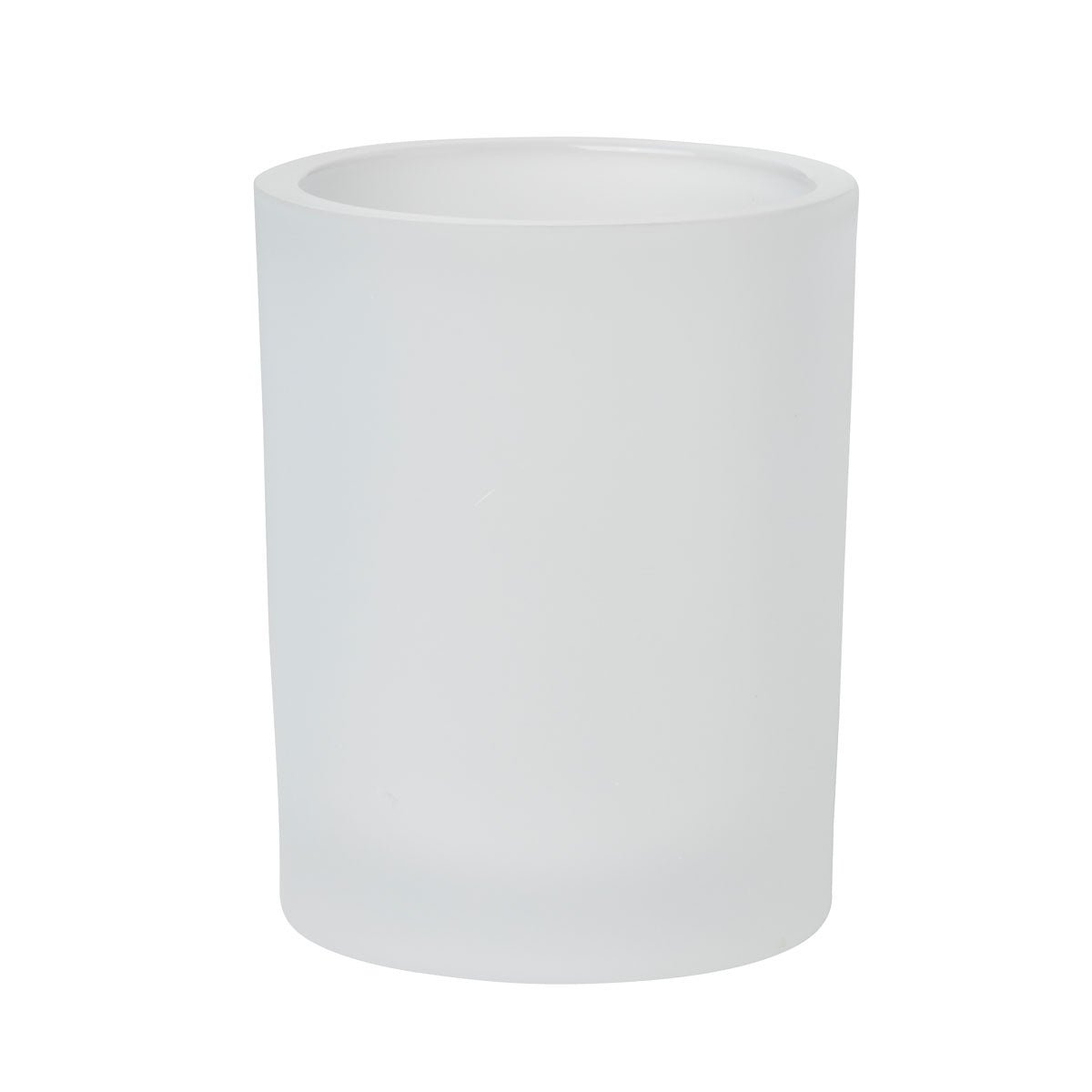 The Switch & Shine candle holder Snowy by Duni GmbH (100x80 mm, white frosted) is an elegant, simple, cylindrical glass holder with smooth sides, perfect for winter decoration, depicted against a white background. Package: 1 piece.