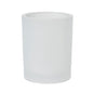 The Switch & Shine candle holder Snowy by Duni GmbH (100x80 mm, white frosted) is an elegant, simple, cylindrical glass holder with smooth sides, perfect for winter decoration, depicted against a white background. Package: 1 piece.
