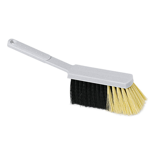 Der Nölle Profi Brush Stubenhandfeger 30 cm von Nölle Profi Brush Bürsten- & Pinseltechnik e.K. hat einen grauen Kunststoffgriff und eine Qualitätsmischung Granit mit zweifarbigen Borsten, die auf der einen Seite schwarz und auf der anderen gelb sind.