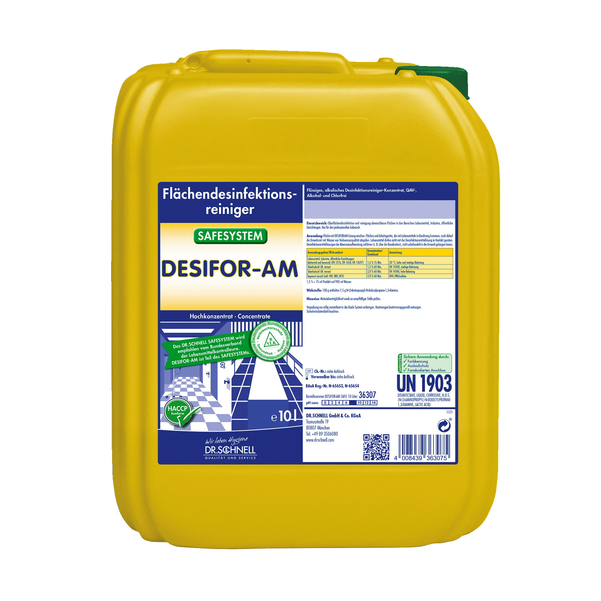 Ein gelber 10-Liter-Kunststoffbehälter von Dr. Schnell DESIFOR-AM Flächendesinfektion der DR.SCHNELL GmbH & Co. KGaA, mit Produktinformation und Sicherheitsetiketten in blau, weiß und grün.
