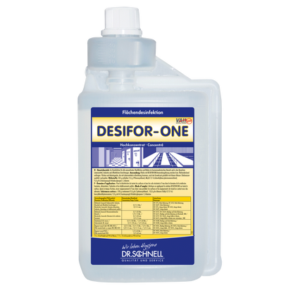 Transparent 5L bottle labeled "Dr. Schnell Desifor-One Surface Disinfection, limited virucidal PLUS" by DR.SCHNELL GmbH & Co. KGaA, with blue/yellow accents, German instructions for use, built-in measuring chamber, and white cap.