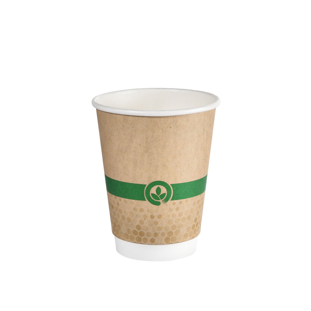A Duni GmbH Melli Cups Double Wall Cup 470 ml, printed with cardboard and water-based coating, stands upright against a white background and showcases the eco-friendly design of the packaging (18 pieces).