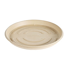 Eine runde, beige Pizzabox (unbeschichtete Braun Bagasse, 356x356x34mm) von Duni GmbH. Umweltfreundlich und kompostierbar, ideal als umweltfreundliche Pizzaverpackung zum Servieren von Pizza. Die Packung enthält 50 Stück.