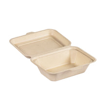 The Clamshell 530 ml - uncoated Brown Bagasse 181x130x62 by Duni GmbH is shown open with a lid and empty interior - the sustainable packaging made from molded bagasse is biodegradable. The package contains 50 pieces.