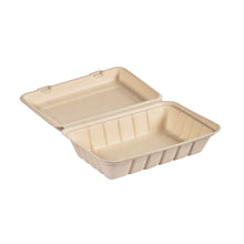 Pictured is an open, empty clamshell 850 ml uncoated brown bagasse container (237x155x70 mm) from Duni GmbH (package, 50 pieces) against a white background.