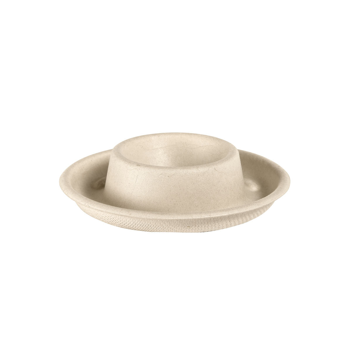 A beige, round, flat egg cup - uncoated brown bagasse Ø89 by Duni GmbH (pack of 70 pieces), with a raised center, is presented against a plain white background.