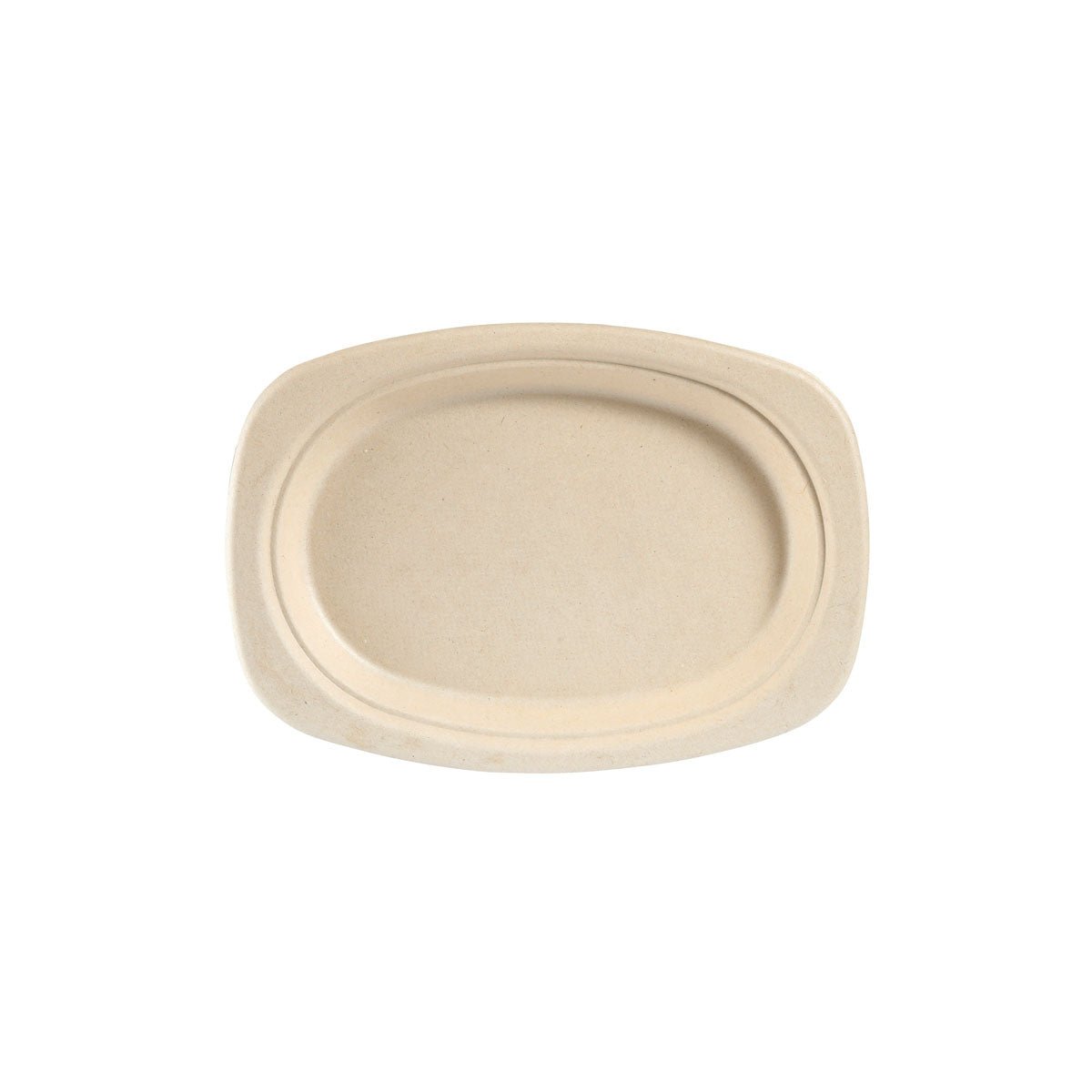 An empty, oval 22 cm brown bagasse plate (uncoated, 230x265x20 mm) from Duni GmbH is depicted from above on a white background. The uncoated plate comes in a pack of 60 pieces.