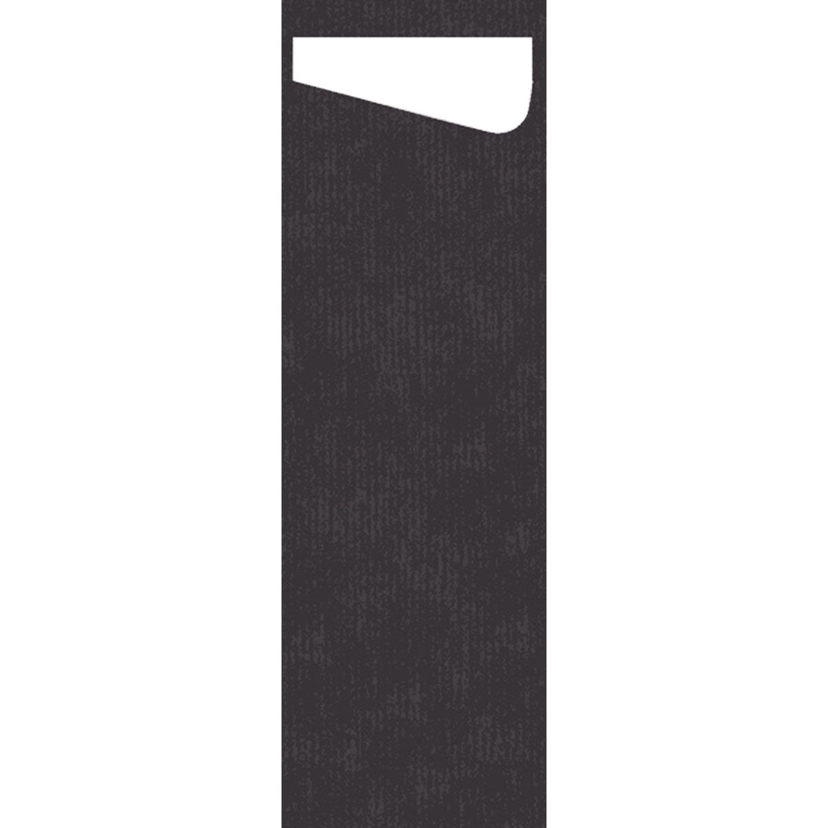 A vertical, black, rectangular shape with a white, slanted cutout at the top right resembles the SACCHETTO Bio D-Soft Slim from Duni GmbH - ideal for environmentally friendly washing of delicate clothing. The background is solid white.