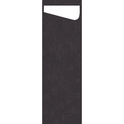 A vertical, black, rectangular shape with a white, slanted cutout at the top right resembles the SACCHETTO Bio D-Soft Slim from Duni GmbH - ideal for environmentally friendly washing of delicate clothing. The background is solid white.