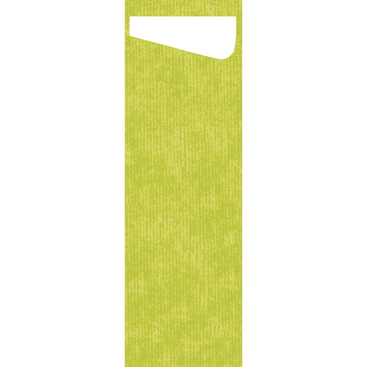 A vertical, rectangular strip of light green textured paper with a white triangular fold at the top left is reminiscent of the SACCHETTO Bio D-Soft Slim from Duni GmbH, featuring a subtle, mottled pattern and ideal for delicate items.