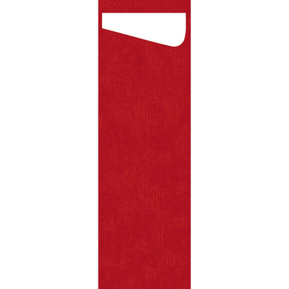 A simple red tall rectangle with a small white triangular cutout at the top left; its textured background subtly conveys the gentle care ideal for delicate clothing like the biodegradable SACCHETTO Bio D-Soft Slim from Duni GmbH.