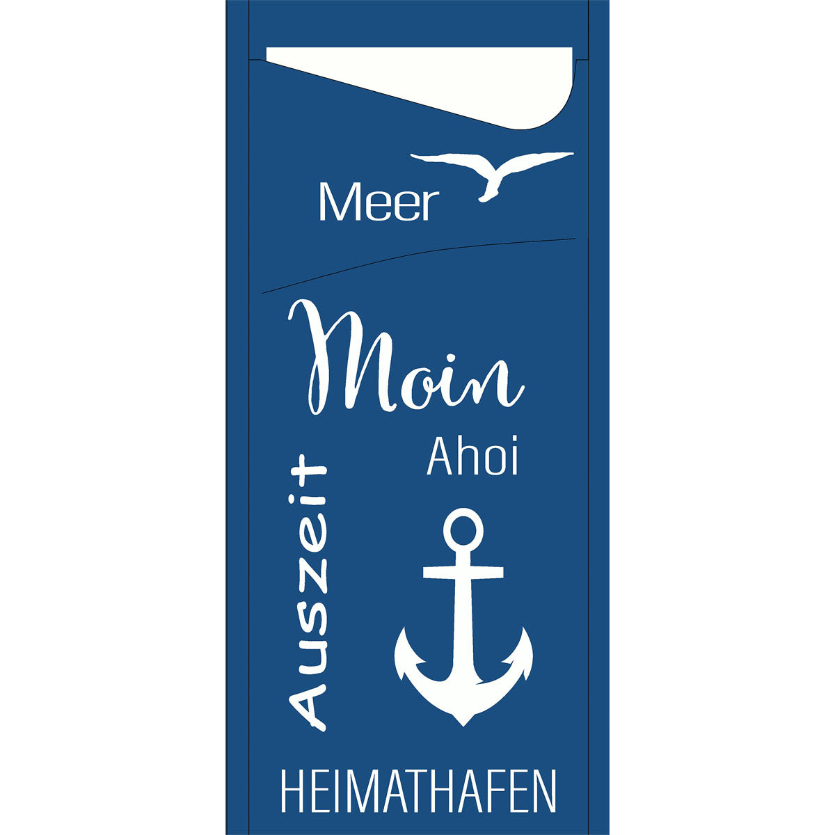 Ein blaues, rechteckiges Schild mit weißem Text wie "Meer", "Moin" und "Auszeit", dazu eine Möwe und ein Anker - perfekt für Strandurlaubs-Flair. Passt hervorragend zu SACCHETTO 190x85 mm - Meer Freude von Duni GmbH, auch als Packung (100 Stück) erhältlich.
