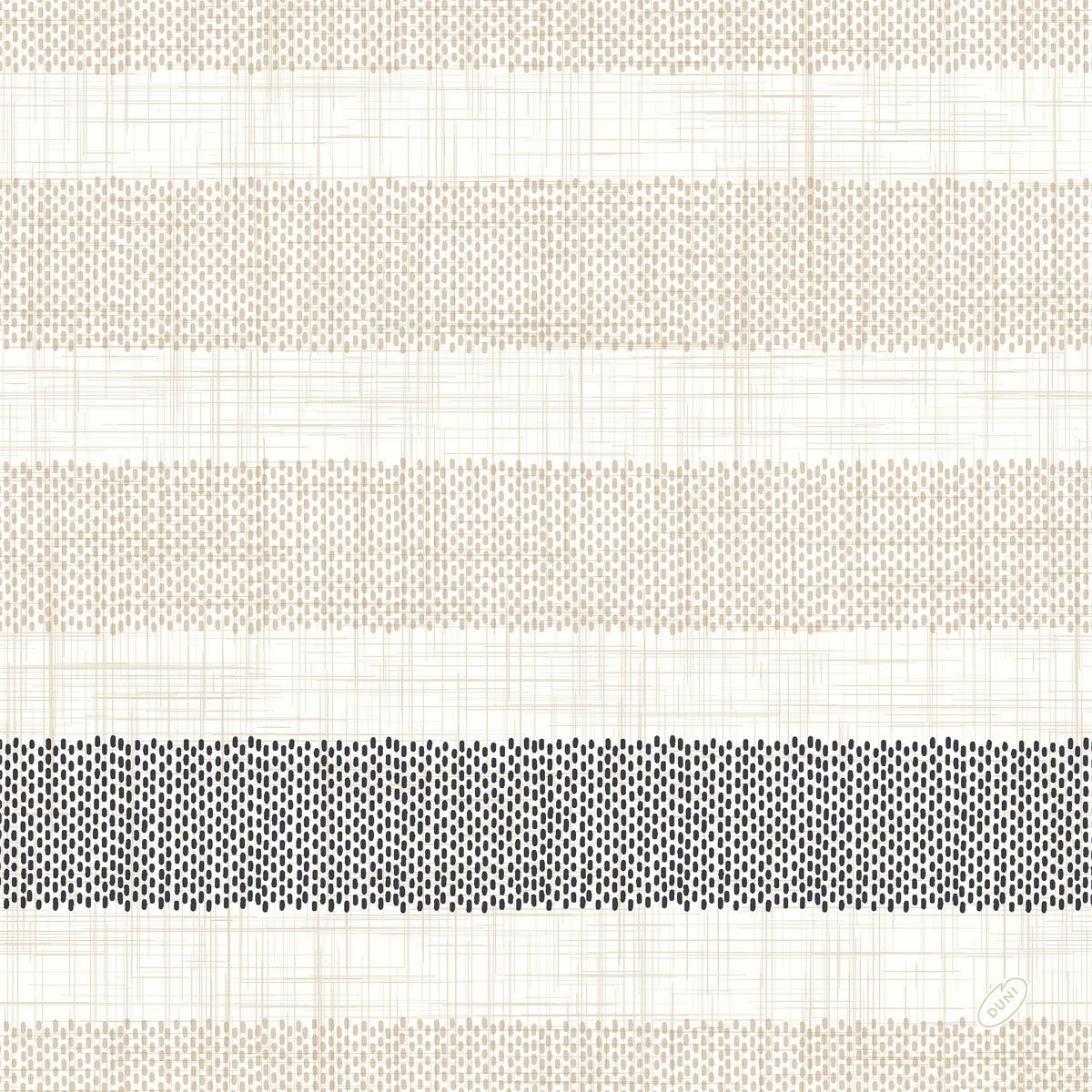 The Dunilin napkins 40x40 cm, Rigato black by Duni GmbH feature a beige-black striped pattern on a white background and offer a textured grid look - ideal for an elegant table decoration with black napkins. Pack of 45 high-quality napkins.
