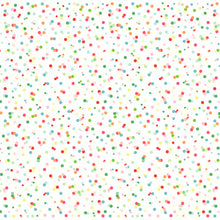 Ein weißer Hintergrund mit kleinen Punkten in Grün, Rot, Rosa, Gelb und Blau bildet ein lebendiges Tupfenmuster, das an die Dunisilk Happy Bubbles Servietten (84x84 cm, 20 Stück) der Duni GmbH erinnert.