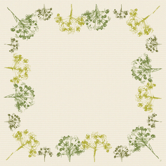 Die Duni GmbH Dunicel Mitteldecke 84x84 cm, grün (Packung mit 20 Stück) hat einen quadratischen beigen Hintergrund mit einem Rand aus zarten grünen und gelben Blumenmustern, inspiriert von Green Umbles 60111, die einen eleganten zentralen Rahmen bilden.
