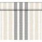 The DC-Tete a Tete 0.4x24m Rigato black from Duni GmbH is characterized by elegant vertical stripes in black, beige, and off-white with varying widths and visible weave - perfect for modern table decoration at events. Package (1 piece), partially unrolled.