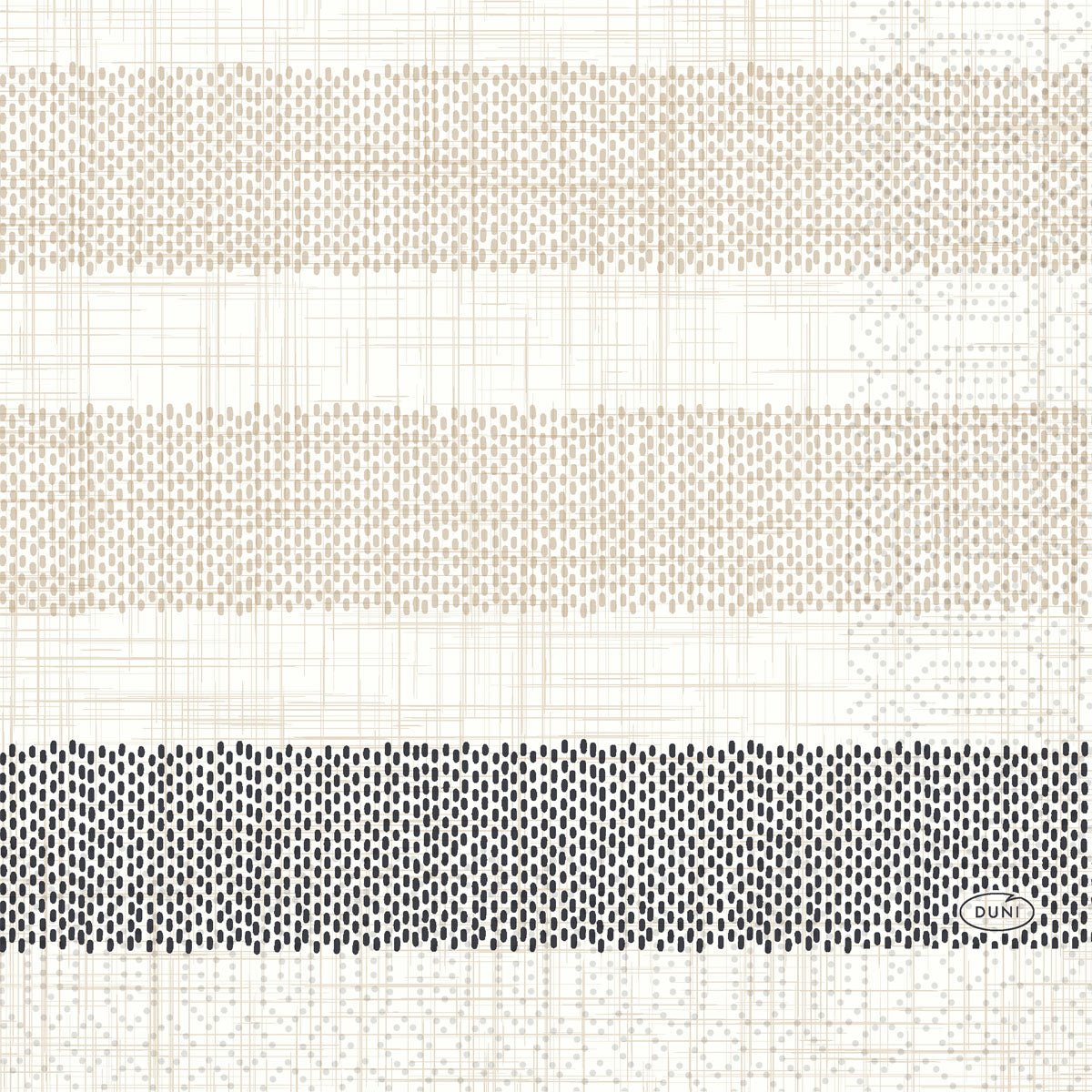 A white background with three horizontal stripes of beige and black dots, thin grid lines, and a small oval "DUNI" logo presents the Duni GmbH tissue napkins 33x33 cm, 3-ply, Rigato black - pack of 50 napkins.