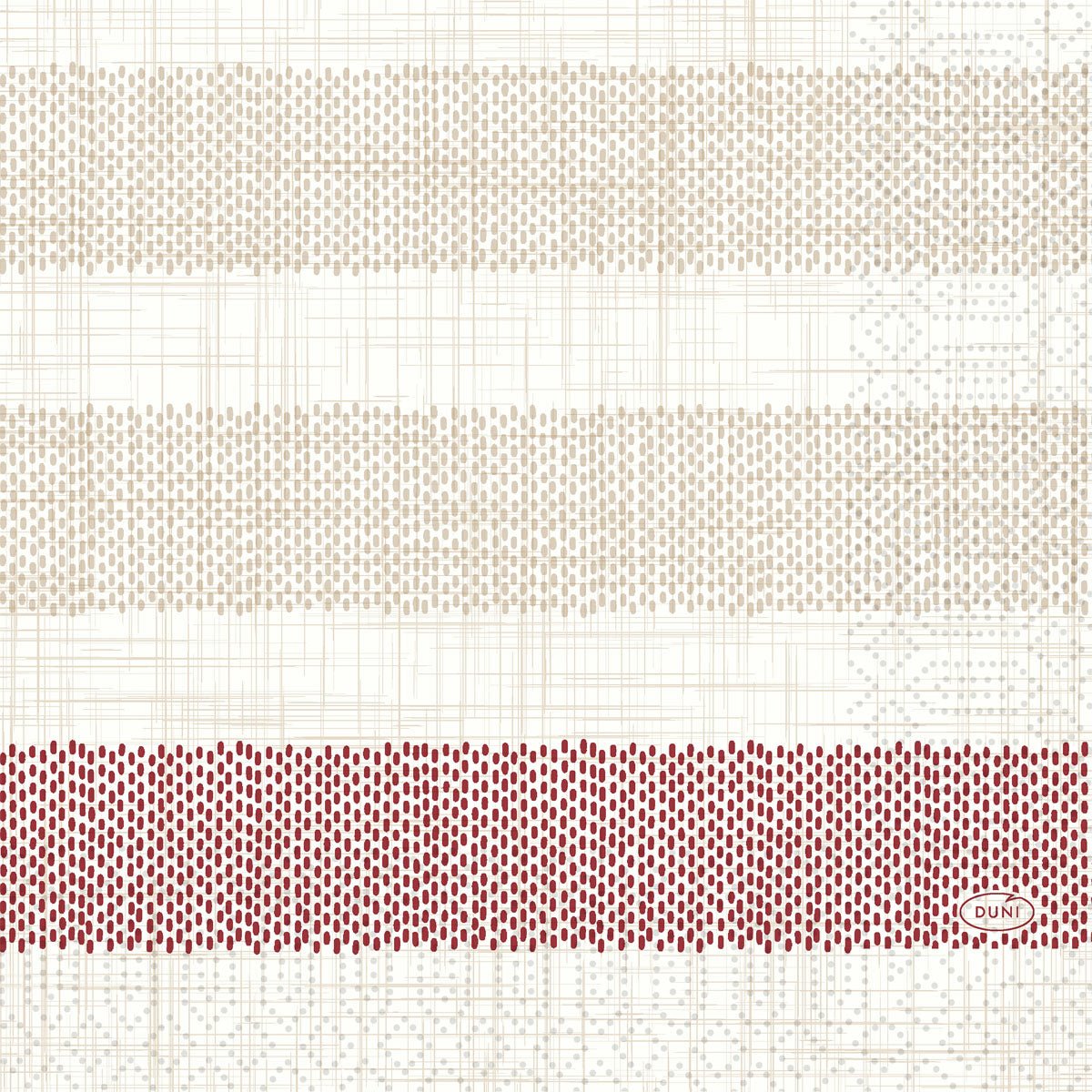 The Duni GmbH Zellt.-Serv.33 3-ply 1/4 Rigato bordeaux napkins have three horizontal bands with small, evenly distributed dots - two beige, one bordeaux - with faint grid lines and a small red "DUNI" oval in the lower right corner. Pack of 250 pieces.