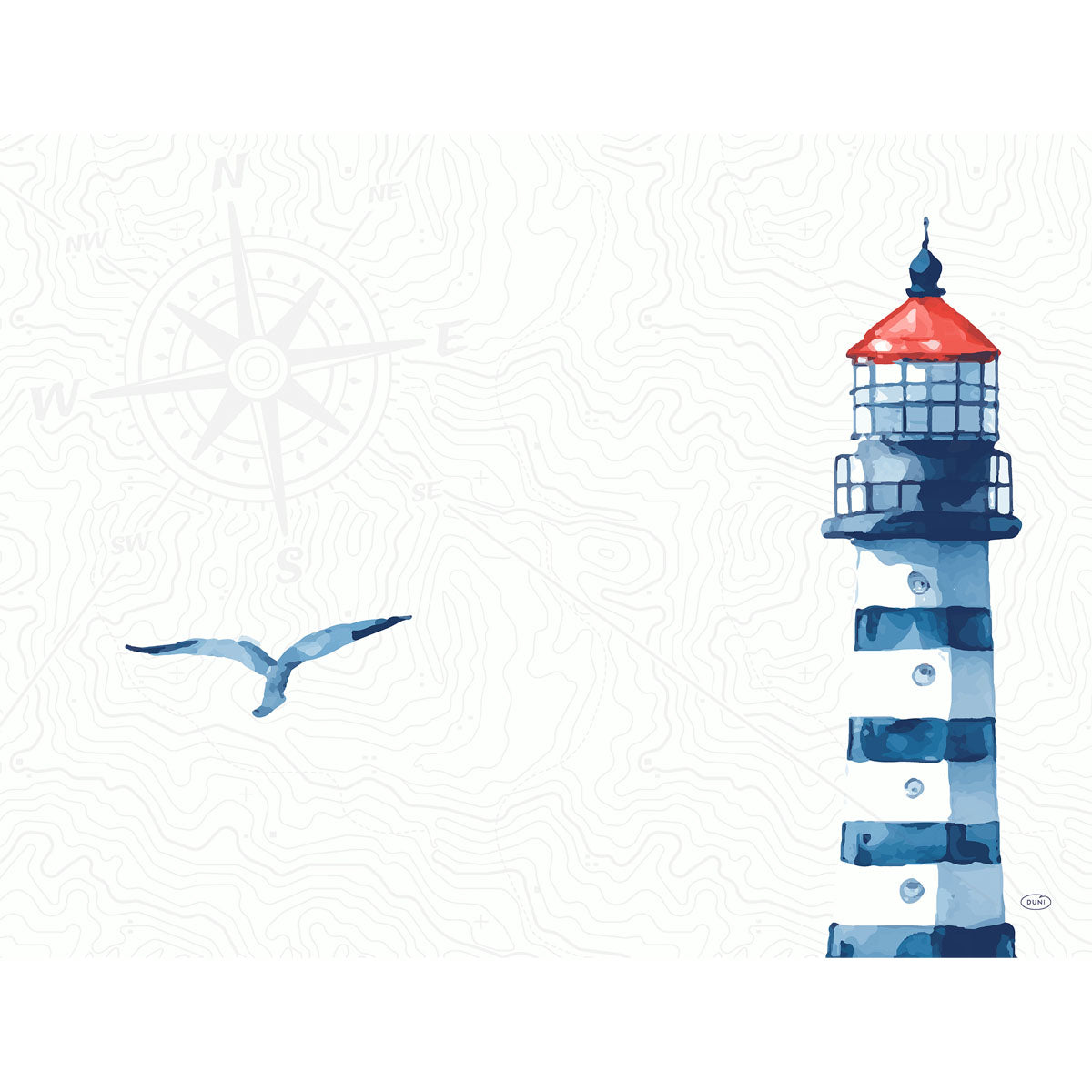 Ein Leuchtturm in Aquarell-Optik mit rotem Dach, blau-weißen Streifen und einer Möwe vor einer Windrose - ideal, um mit den Duni GmbH Papier-Tischsets Meer Freude (30x40 cm, 250 Stück) maritimes Flair auf den Tisch zu bringen und festliche Anlässe zu feiern.