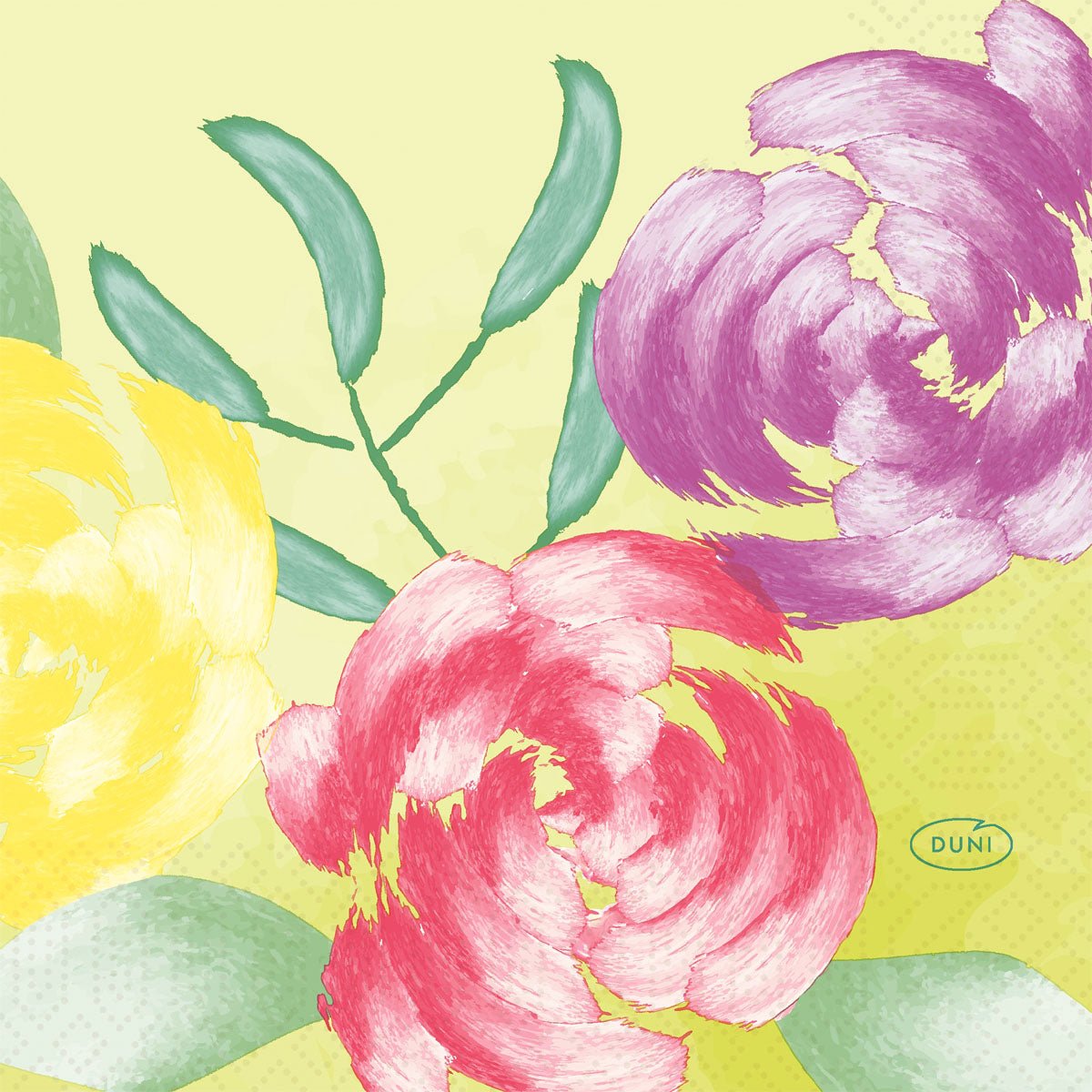 Three large, textured flowers in yellow, pink, and purple are arranged among green leaves on a light yellow background. The Duni GmbH logo is located at the bottom right. The napkin, 24x24 3-ply 1/4 is ideal for special occasions.